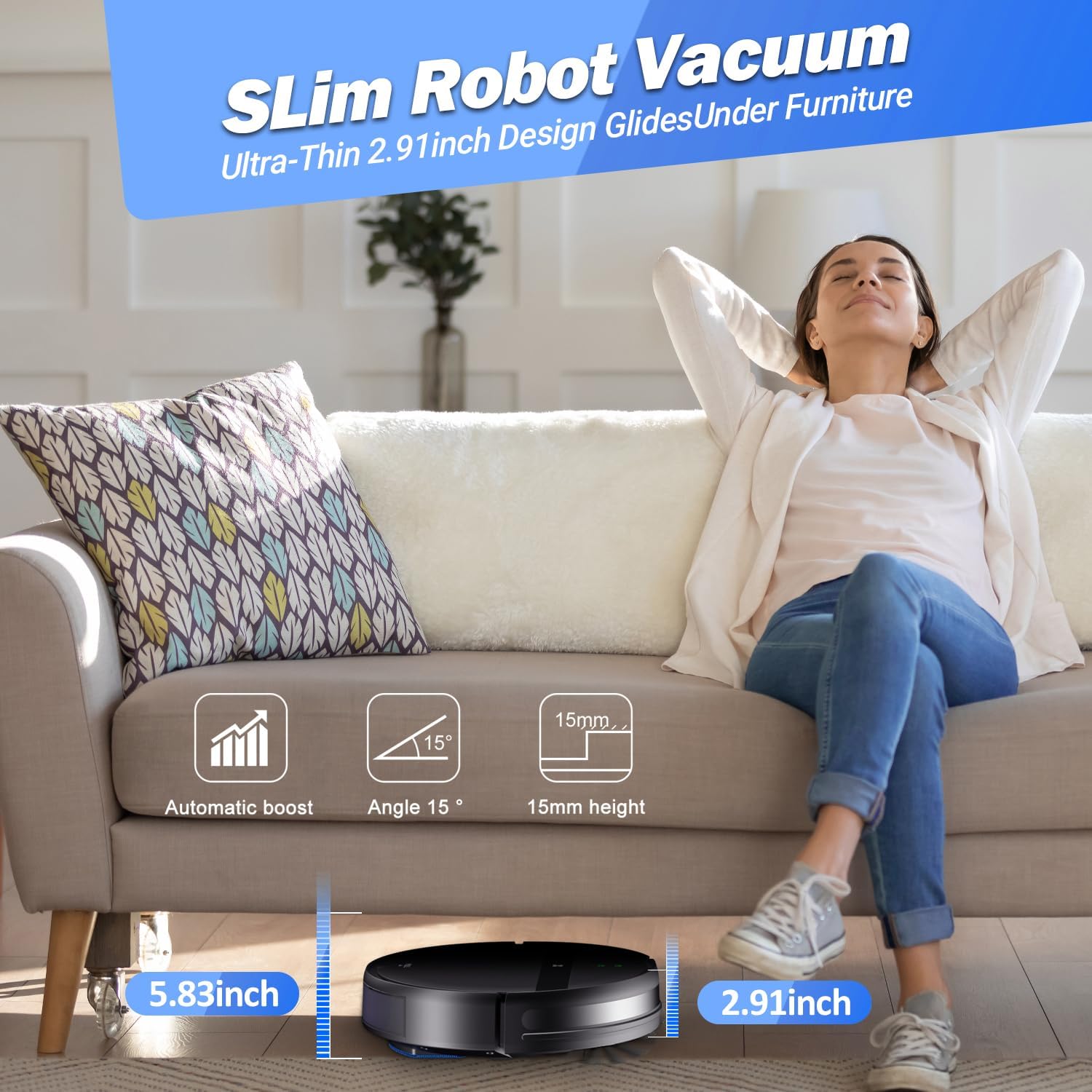 Kilgone Ultra-Slim 2.8in Robot Vacuum & Mop, Quiet 65dB, No-Tangle, Smart 3D Obstacle Avoidance, 2H Runtime for Pet Hair, Hard Floor & Low-Pile Carpet, App/Alexa