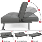 Yaheetech Convertible Sofa Bed Adjustable Couch Sleeper Modern Faux Leather Home Recliner Reversible Loveseat Folding Daybed Guest Bed, Removable Armrests, Cup Holders, 3 Angles, 772lb Capacity, Black