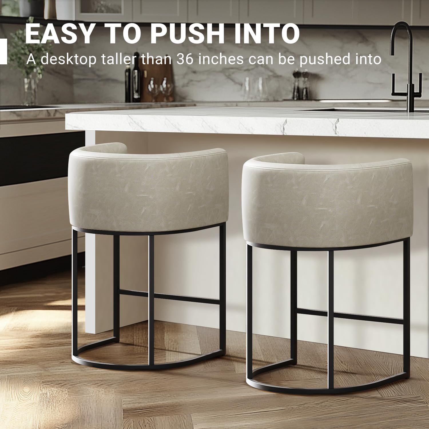 26" H Counter Height Bar Stools Set of 3, Modern Barrel Counter Stools with Backrest and Arms, Faux Leather Upholstered Accent Barstools for Kitchen Island,Support 450 LBS (Grayish White)