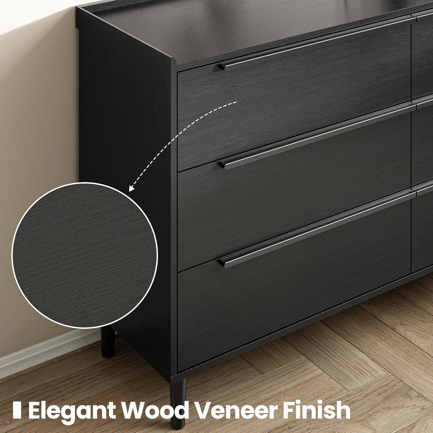 54" Wide Black Dresser for Bedroom, Modern 6 Drawer Double Dresser with Wood Grain Finish, Large Horizontal Chest of Drawers & TV Stand with Anti-Slip Raised Edge, Sleek Storage for Living Room