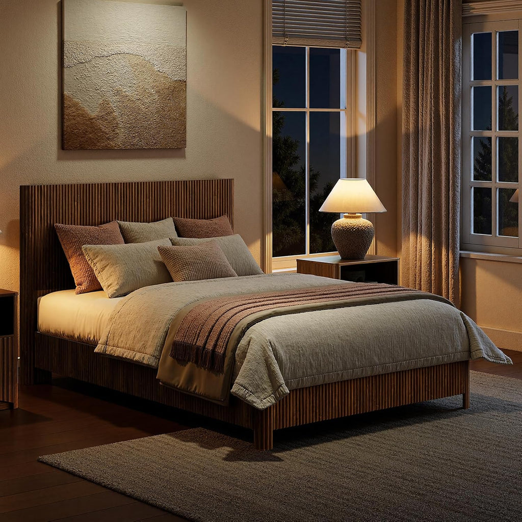Evermagin Walnut Queen Bed Frame with Headboard, Mid Century Modern Fluted Platform Bed, Boho Wooden Bed Base No Box Spring Needed, Wavy Grooved Panel