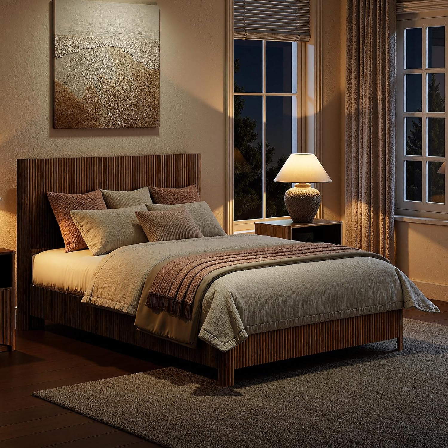 Evermagin Walnut Queen Bed Frame with Headboard, Mid Century Modern Fluted Platform Bed, Boho Wooden Bed Base No Box Spring Needed, Wavy Grooved Panel
