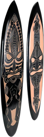 Things2Die4 Decorative Set of 2 Wall-Hanging Surfboards – Hand-Carved Wood with Tiki Mask Designs – Black with Natural Brown Accents – 39 inches Long – Tropical Island Inspired Wall Art
