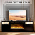 70" Fireplace TV Stand for TVs Up to 80",Entertainment Center with 36” Electric Fireplace and 12 Colors LED Lights,Large TV Console with Storage Cabinet for Living Room,All Black