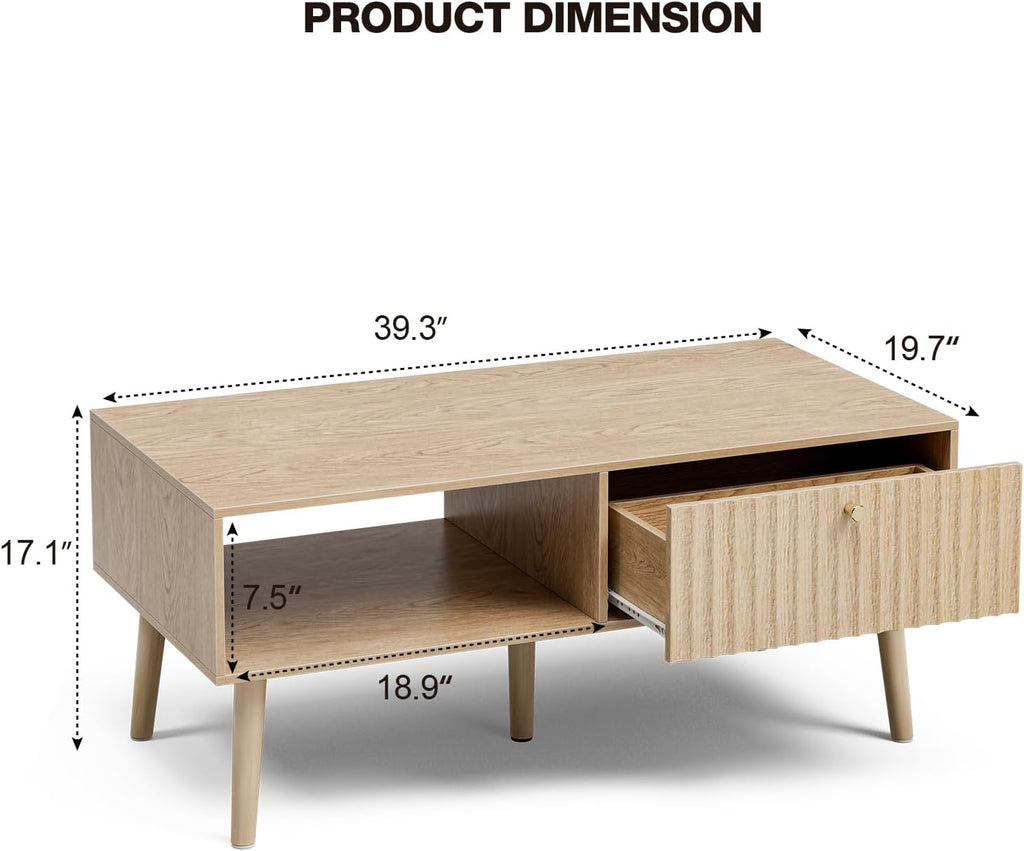 LCRBOL Coffee Table with Storage, Boho Dining Table with Fluted Drawer and Solid Wood Legs, Small Coffee Tables for Living Room, Oak