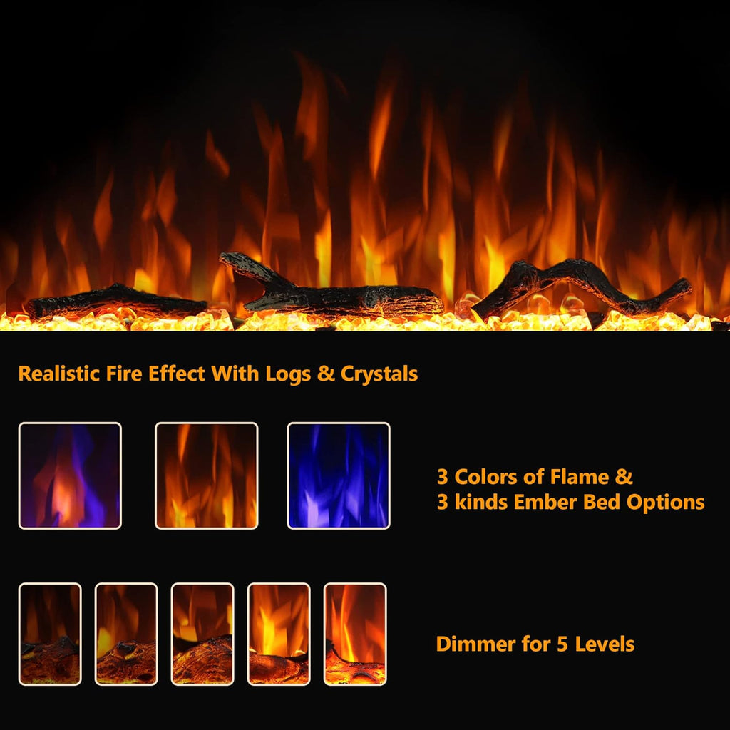 Electric Fireplace 40 inch Wide 26.5" High, Wall-Mounted & Recessed Fireplace Inserts, Multicolor Flame w/5 Dimmer, Remote Control Thermostat, Timer, Hardwire Connect, 1500W,Black