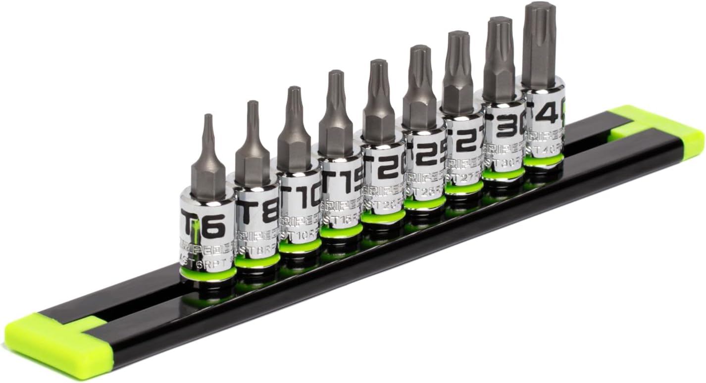 GRIPEDGE Tools | 9PC RPT Star Driver Set | Sizes T6 - T40 | 1/4'' Drive | Made With S2 Steel | Includes Premium Aluminum Socket Rail |