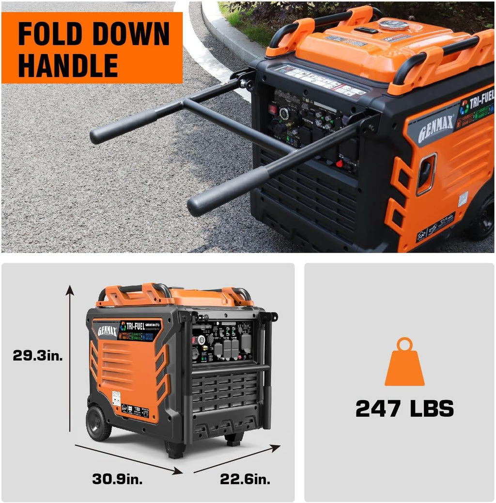 GENMAX Tri Fuel Generator 10500-Watt 458cc Tri Fuel Gasoline Propane Natural Gas Portable 50A Generator with Remote Start Ideal for Home backup power.