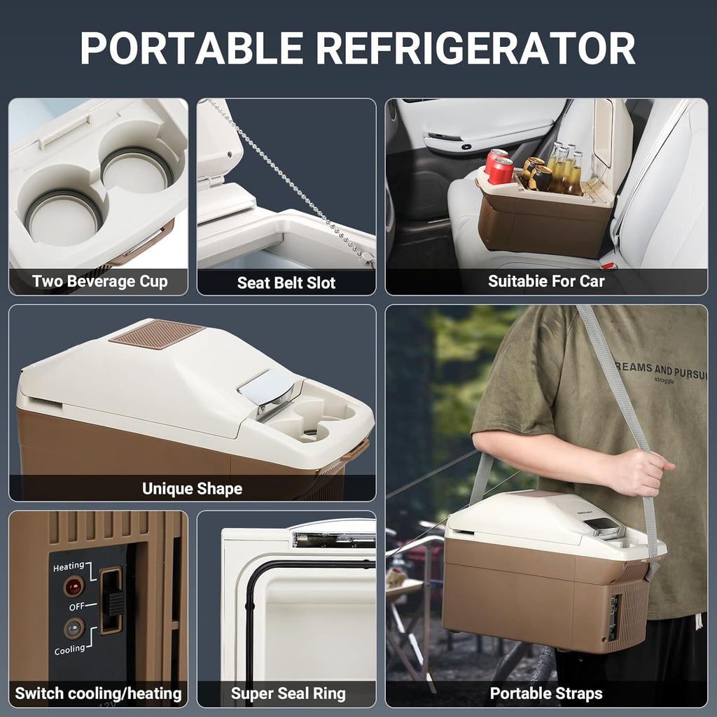 ICEROVER 12V Portable Car Refrigerator Cooler/Warmer 8 Quart (9L) Car Fridge 40~140℉,12 V110V-220V, Electric Compact Camping Cooler Thermoelectric 12V Small Fridge for RV,Camping (Brown)