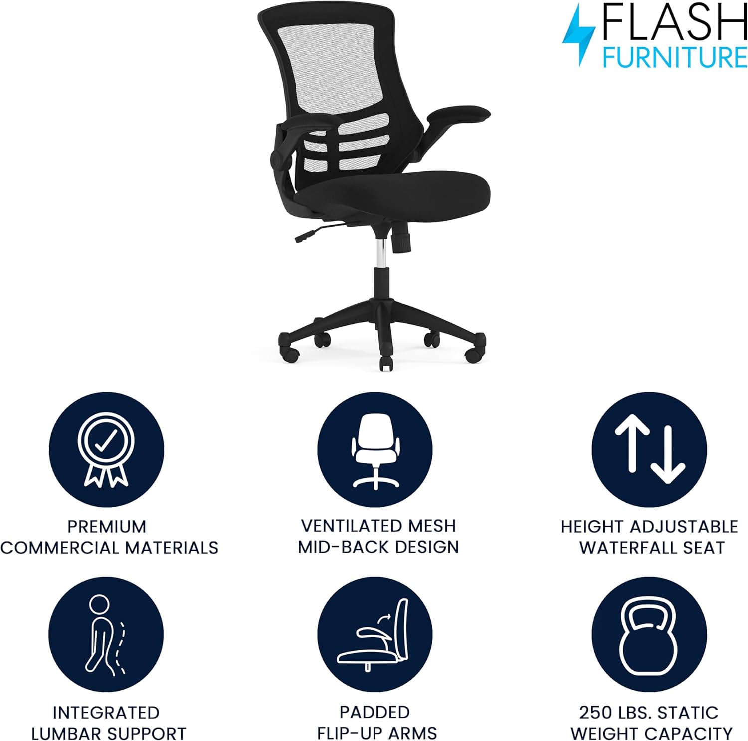 Flash Furniture Kelista Mid-Back Swivel Office Chair with Adjustable Seat Height, Ergonomic Mesh Desk Chair with Flip-Up Armrests, Black