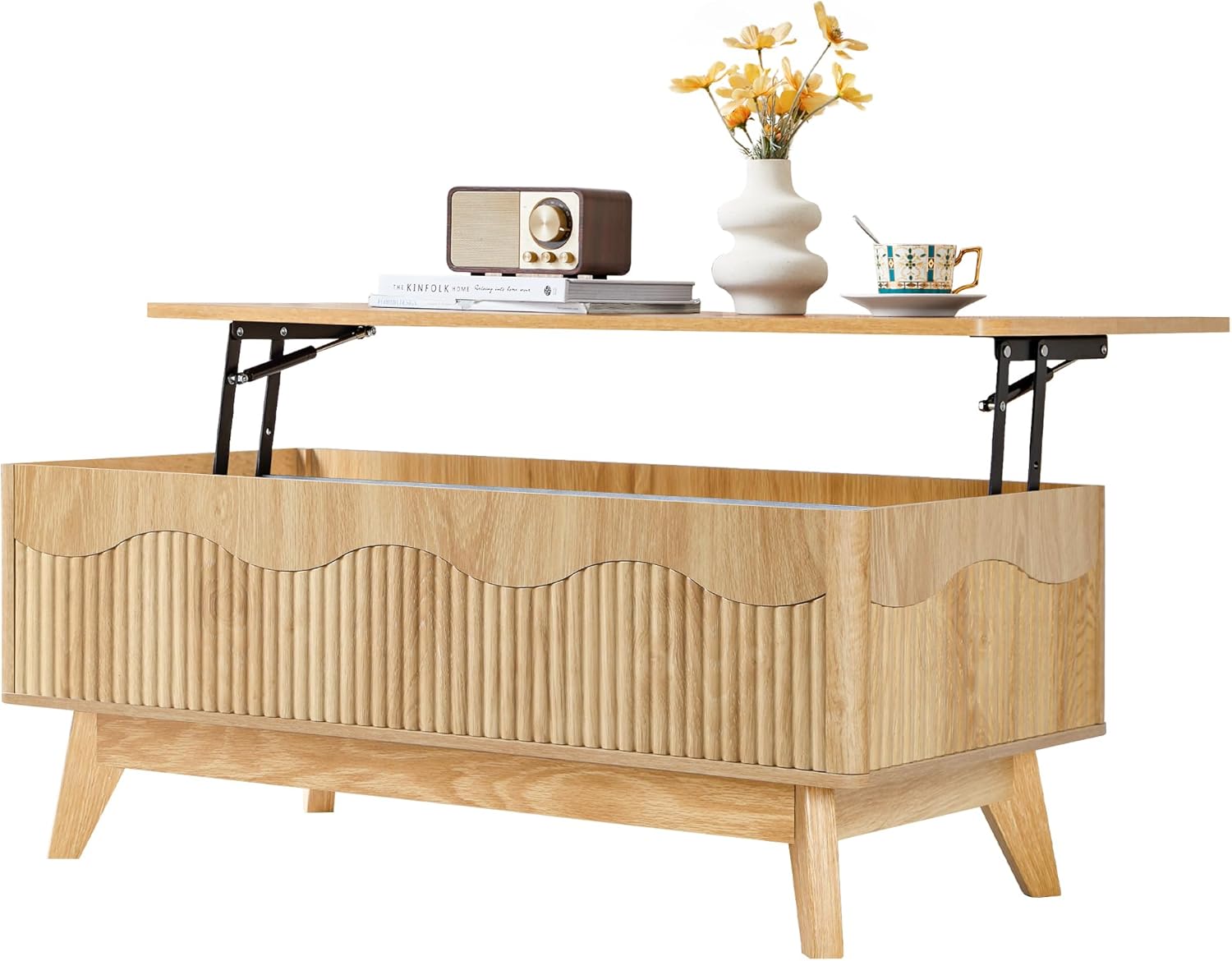 BERRYMERRY Lift Top Coffee Table with Hidden Storage, Farmhouse Fluted Coffee Table with Wave Profile, Rising Top Rectangular Center Table for Living Room (Natural Oak)