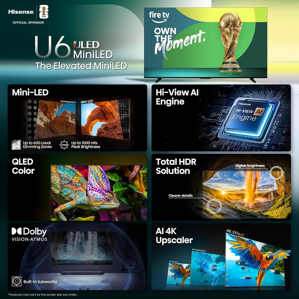 Hisense 55" Class U6 Series Mini-LED 4K UHD Smart Fire TV (55U65QF  2025 Model) - QLED  Native 144Hz  HDR10+  Dolby Vision IQ  Dolby Atmos  Game Mode Pro  ALLM  Alexa Built in  Black