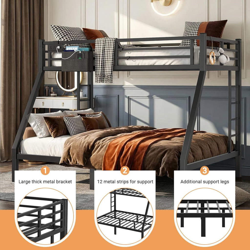 Twin XL Over Queen Bunk Bed, Metal Bunk Bed Frame Heavy Duty Bunk Beds Loft Bed Frame with Ladder and Guardrail Metal Slats No Box Spring Required for Adults Teens, Black