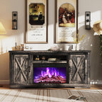 AMERLIFE Fireplace TV Stand with Sliding Barn Door for TVs up to 73", Farmhouse 63" Fireplace Entertainment Center with Storage Cabinets/Adjustable Shelves, Dark Rustic Oak
