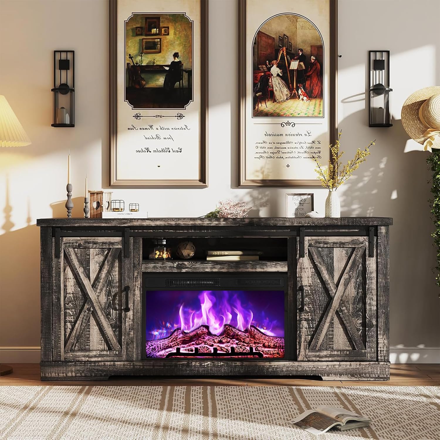 AMERLIFE Fireplace TV Stand with Sliding Barn Door for TVs up to 73", Farmhouse 63" Fireplace Entertainment Center with Storage Cabinets/Adjustable Shelves, Dark Rustic Oak