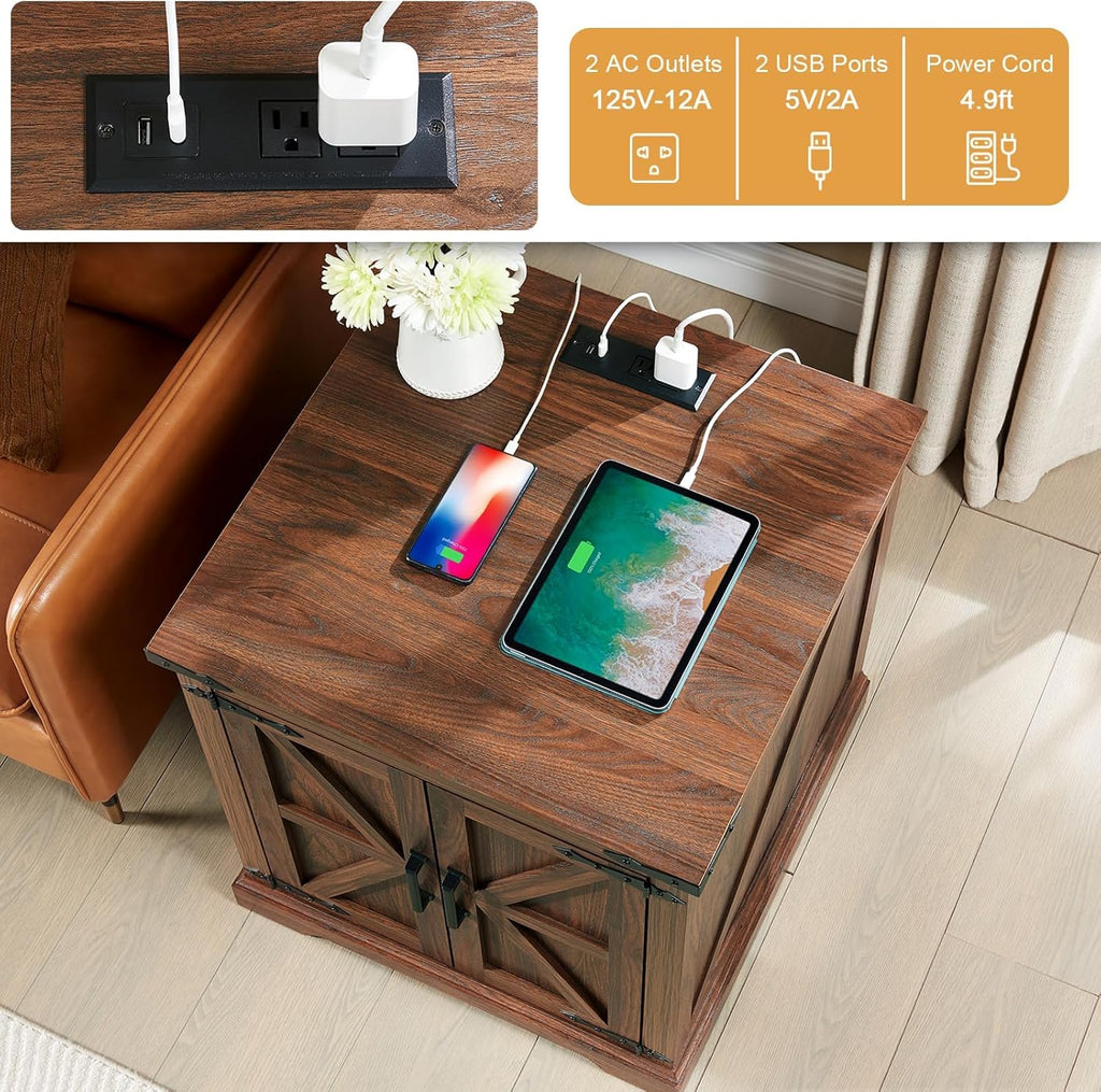 Barnyatoh Farmhouse End Table with Charging Station,24" Large Sofa Side Table with Barn Door, Rustic Wood Square Nightstand Bedside Table with Adjustable Storage Shelf for Living Room, Bedroom,Walnut