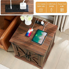 Barnyatoh Farmhouse End Table with Charging Station,24" Large Sofa Side Table with Barn Door, Rustic Wood Square Nightstand Bedside Table with Adjustable Storage Shelf for Living Room, Bedroom,Walnut