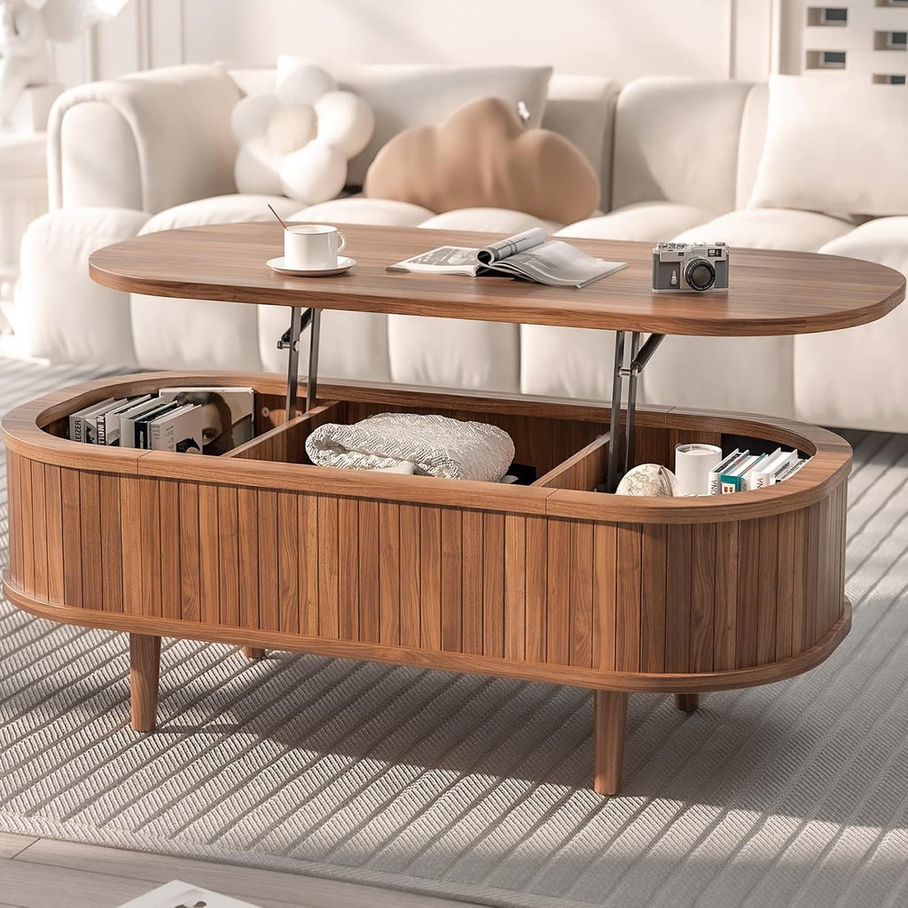 Easyego Oval Lift Top Coffee Table with Storage, 40" Fluted Modern Hidden Compartment Center Table for Living Room, Small Space Apartment, Home Office Desk, Walnut