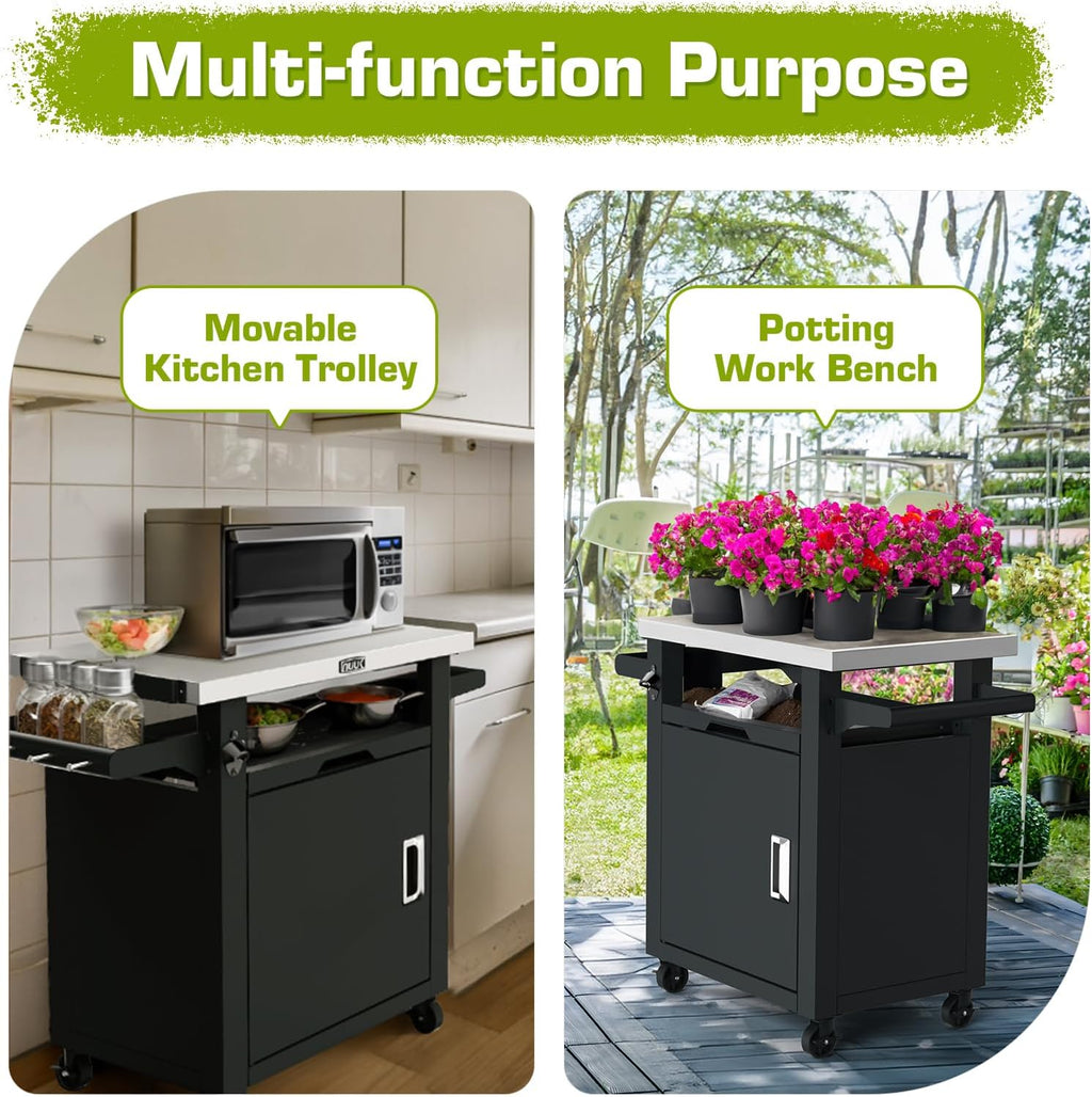 NUUK Grill Table with Storage Cabinet  Outdoor Bar Cart Pizza Oven Table with Wheels  Stainless Steel Top Kitchen Island 20" x 30" Rolling Prep Station for Indoor  BBQ  Deck  Backyard
