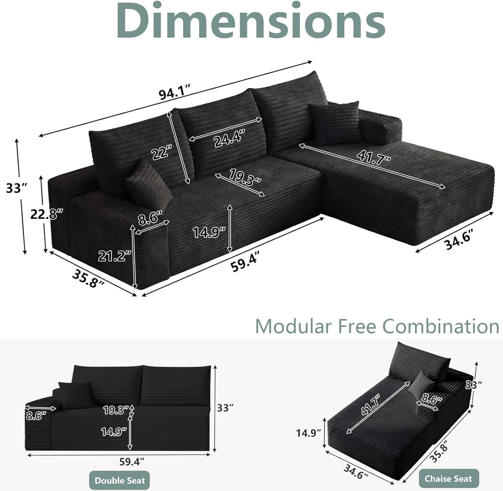 Modular Sectional Sofa Cloud Sectional Couch, 95" Comfy Fluffy L-Shaped Couches for Living Room, Deep Seat Memory Foam Plush Corduroy Boneless Couch Sectionals No Assembly (Black,Right-Facing Chaise)