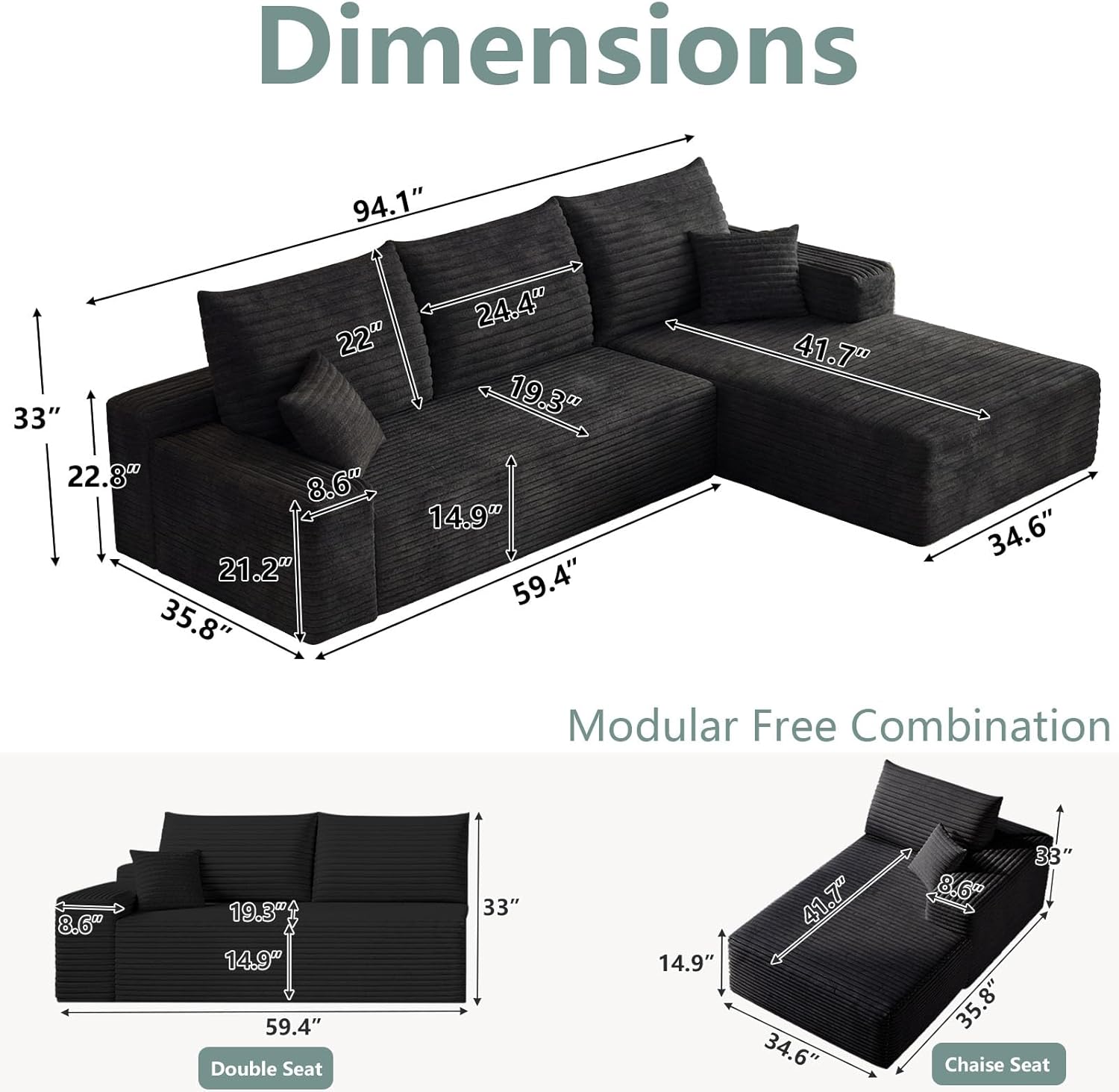Modular Sectional Sofa Cloud Sectional Couch, 95" Comfy Fluffy L-Shaped Couches for Living Room, Deep Seat Memory Foam Plush Corduroy Boneless Couch Sectionals No Assembly (Black,Right-Facing Chaise)
