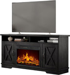 AMERLIFE 63" Farmhouse TV Stand with 26" Fireplace, for TVs up to 73", Entertainment Center with Adjustable Shelf & Barn Doors, TV Console Cabinet for Living Room, Antique Black & Oak