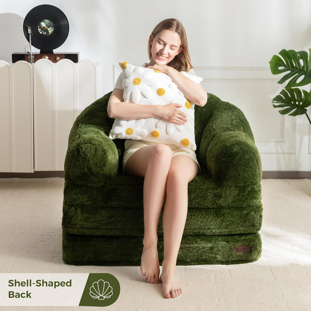 MAXYOYO Folding Sofa Bed, 2 in 1 Convertible Sofa to Lounger Comfy Single Bean Bag Chair for Adults, Floor Sleeper Couch with Handle, Faux Fur Couch Bed for Living Room Bedroom, Green