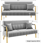 Yaheetech 56.5" W Modern Sofa Small Sofa Luxurious Velvet Fabric Couch with Gold-Tone Metal Arms and Legs for Living Room, Home Office, Studio Light Gray