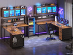 SEDETA L Shaped Gaming Desk with Drawers, L Shaped Computer Desk with Hutch and Storage Shelves, Gaming Desk with Pegboard, Led Lights, and Power Outlet, Home Office Desk, Corner Desk, Rustic Brown