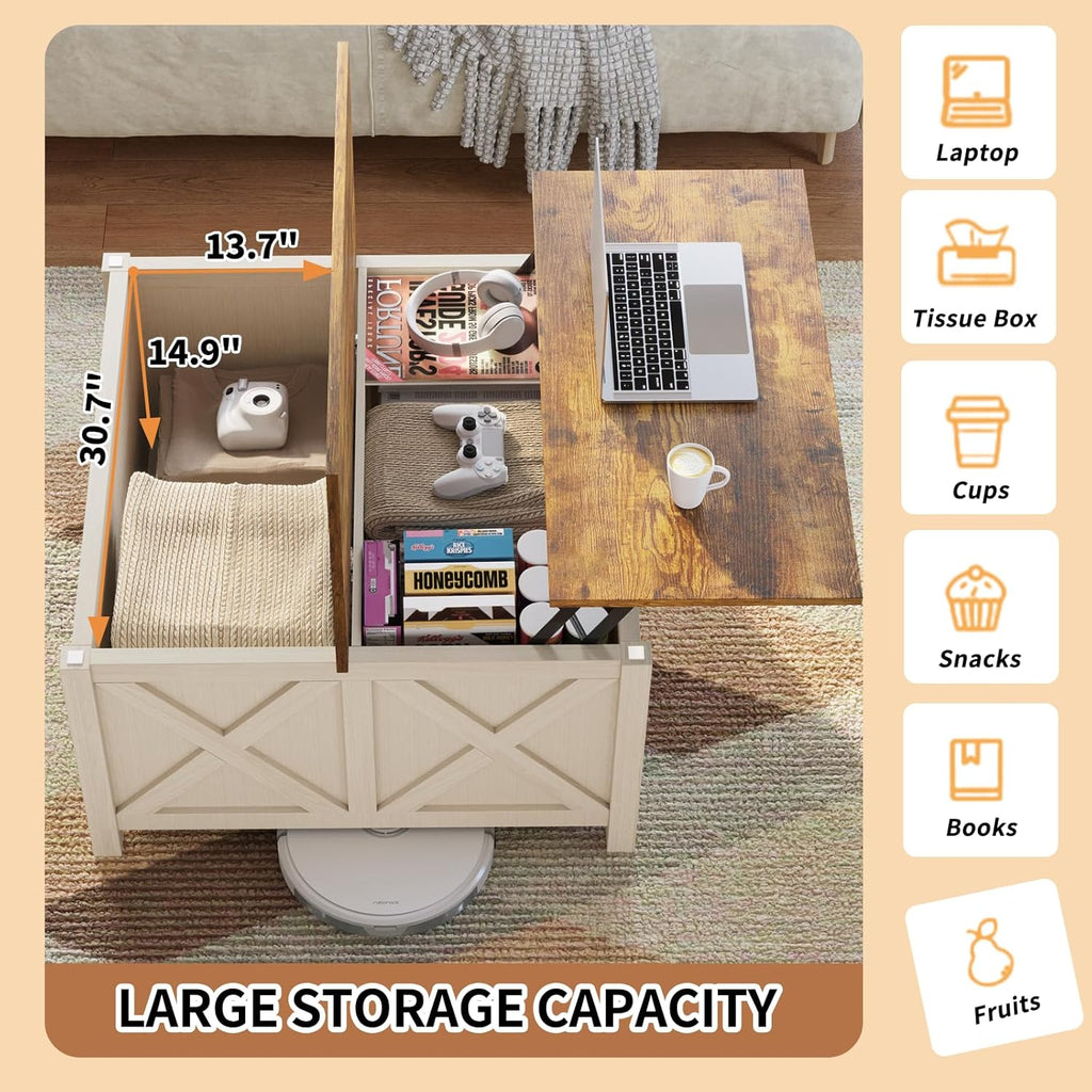 Lift Top Coffee Table with Storage, 31.5" Farmhouse Coffee Tables with Wooden Lift Tabletop and Hidden Compartment Square Center Table for Living Room, Home Office Small Space, White