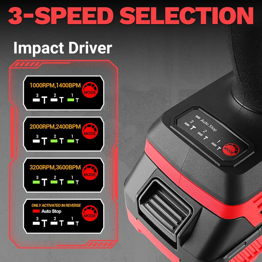 Cordless Drill & Impact Driver: DEKOPRO 20V Brushless Power Drill and 20V Brushless Impact Driver Set, Power Tool Set with 2x2.0Ah Batteries, Charger, Bag & 52xAccessories-Red