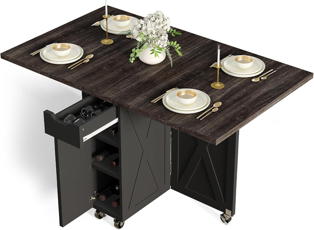 Space Saving Folding Dining Table with 2 Tier Storage-Extendable Drop Leaf Farmhouse Wood Kitchen Dining Room Tables Set for 4, Folding Kitchen Table with 6 Wheels, (Chestnut and Brown)