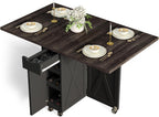 Space Saving Folding Dining Table with 2 Tier Storage-Extendable Drop Leaf Farmhouse Wood Kitchen Dining Room Tables Set for 4, Folding Kitchen Table with 6 Wheels, (Chestnut and Brown)