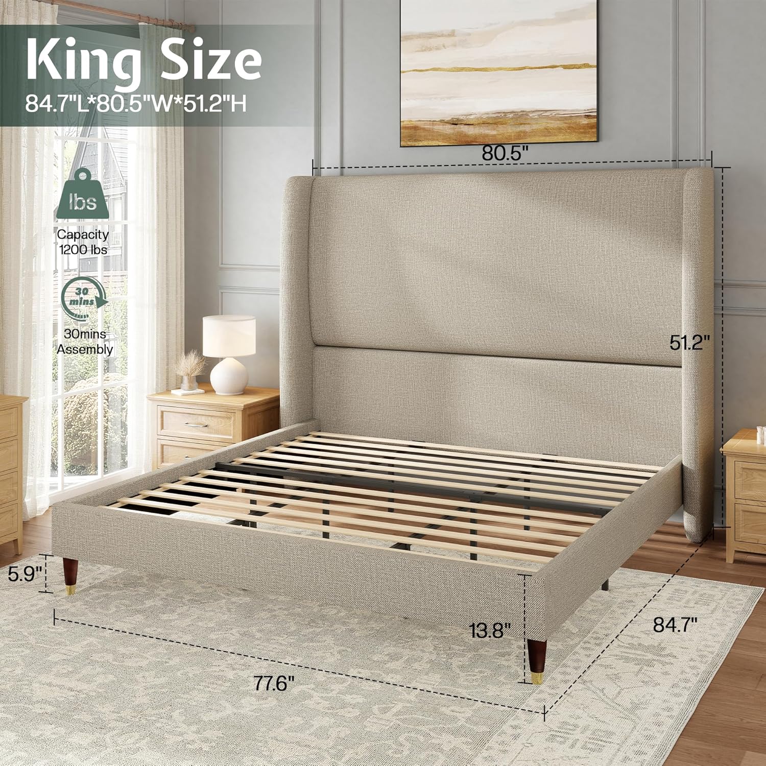 Jocisland King Upholstered Platform Bed Frame with 51.2" Tall Wingback Headboard–Solid Wood Legs, No Box Spring Needed, Brown Linen–Modern Style for Any Bedroom