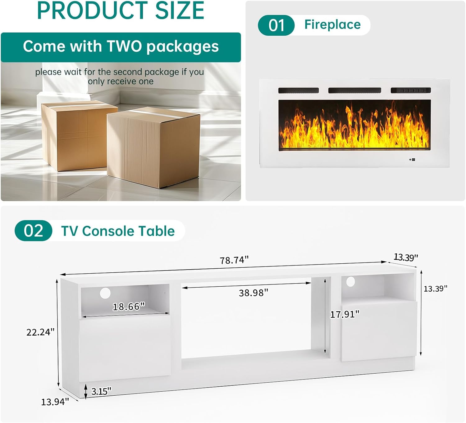 MXV 80" Fireplace TV Stand for TVs Up to 90", LED Light Entertainment Center with 36" Electric Fireplace, Modern Wood Texture TV Media Console with Highlight Storage Cabinet, White-White