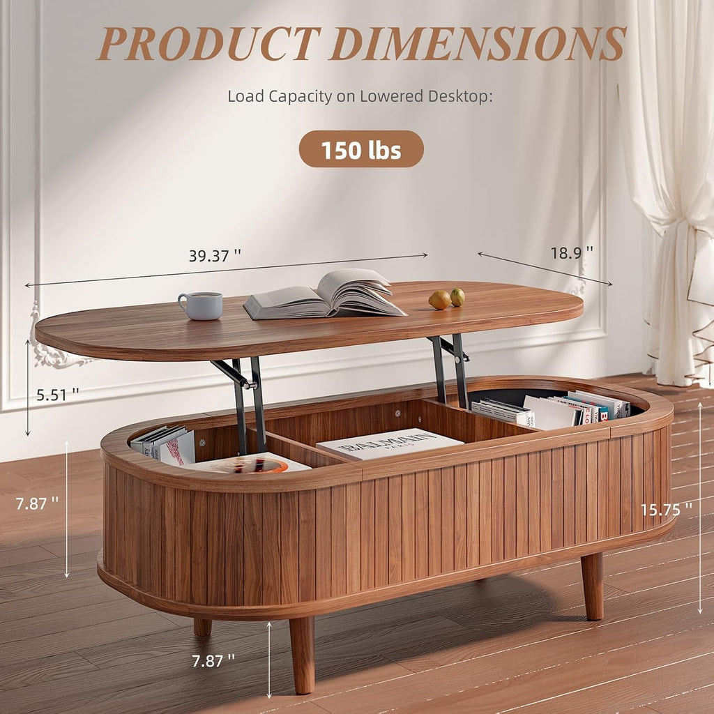 Easyego Oval Lift Top Coffee Table with Storage, 40" Fluted Modern Hidden Compartment Center Table for Living Room, Small Space Apartment, Home Office Desk, Walnut