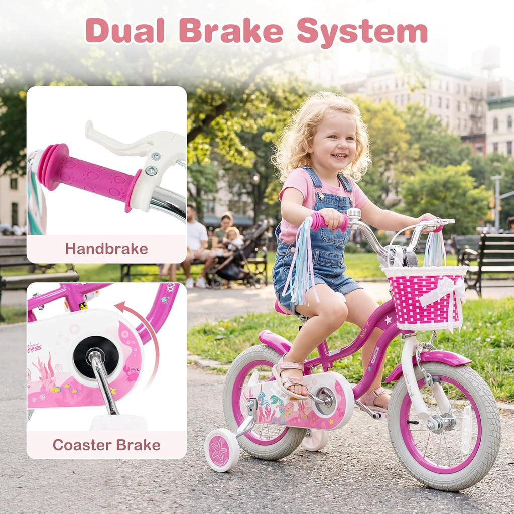 Olakids Kids Bike, 12 14 16 18 20 Inch Mermaid Theme Girls Bicycle with Training Wheels Basket Adjustable Seat and Handlebar Dual Brake