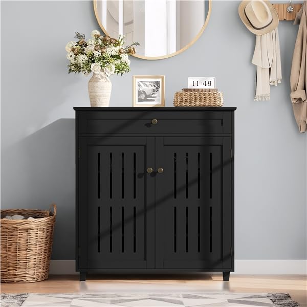 Yaheetech Shoe Cabinet, 4-Tier Shoe Storage Cabinet with Drawer & Adjustable Shelves, Shoe Rack Cabinet for Entryway, Hallway, Living Room, Black