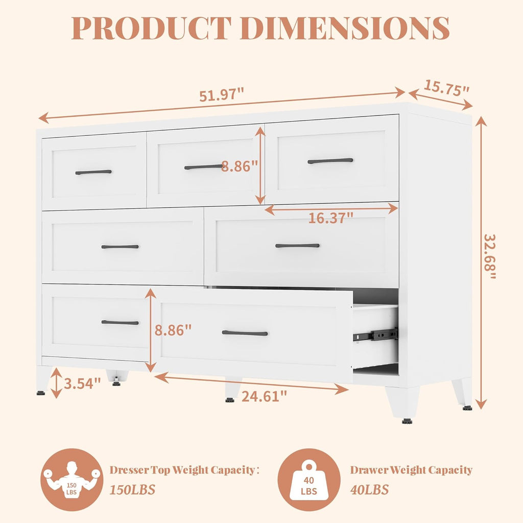 7-Drawer Dresser for Bedroom, 52" Wide White Steel Chest of Drawers with Anti-Tipping Design, Odor-Free Easy to Clean Storage Organizer for Living Room, Entryway, Hallway, Home Office