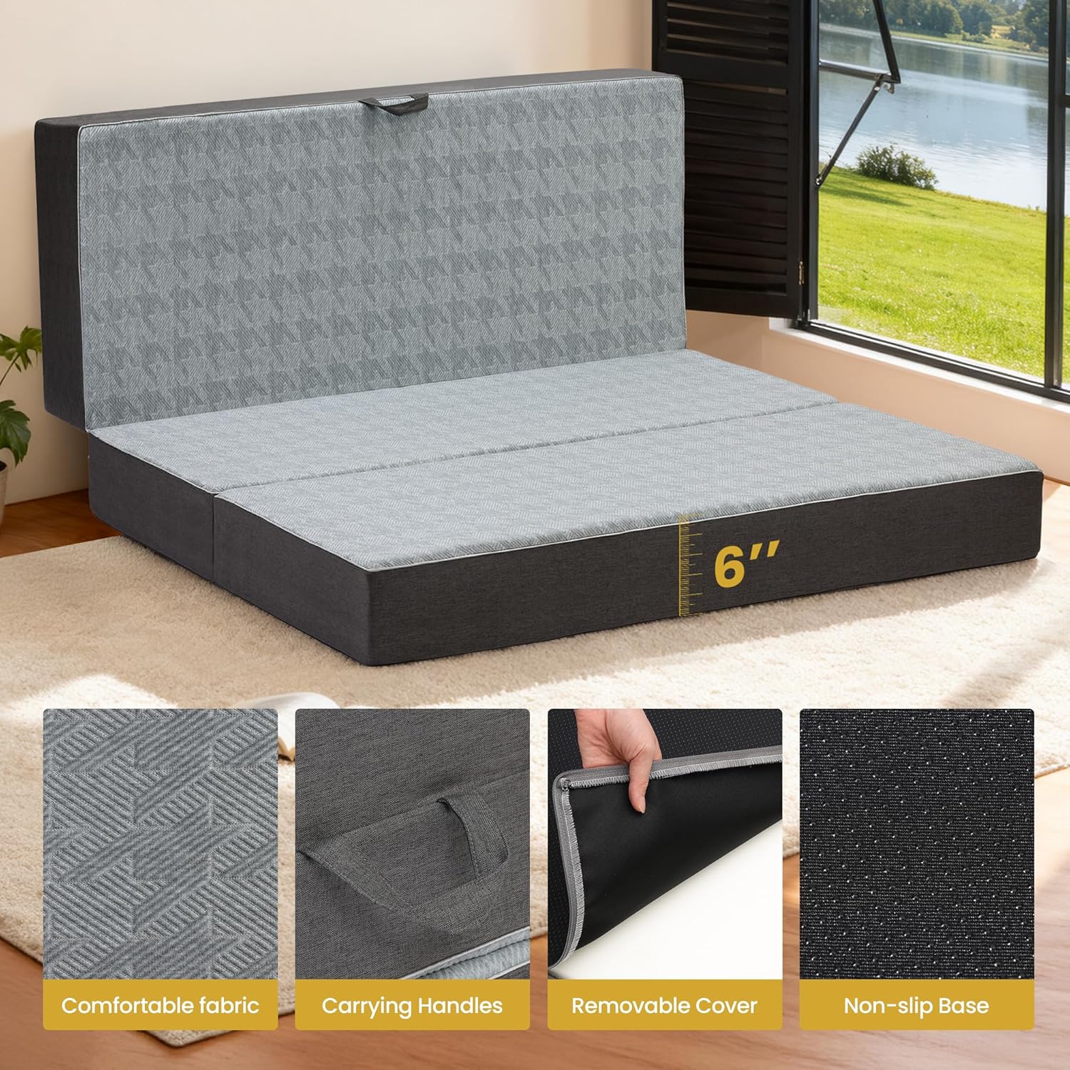Tri Folding Mattress King Size - 6 Inch Dual-Layer Memory Foam Foldable Mattress Portable Floor Bed Sofa with Removable Washable Cover, Handle & Non-Slip Bottom for Guest, Camping, RV, Yoga, Home Use