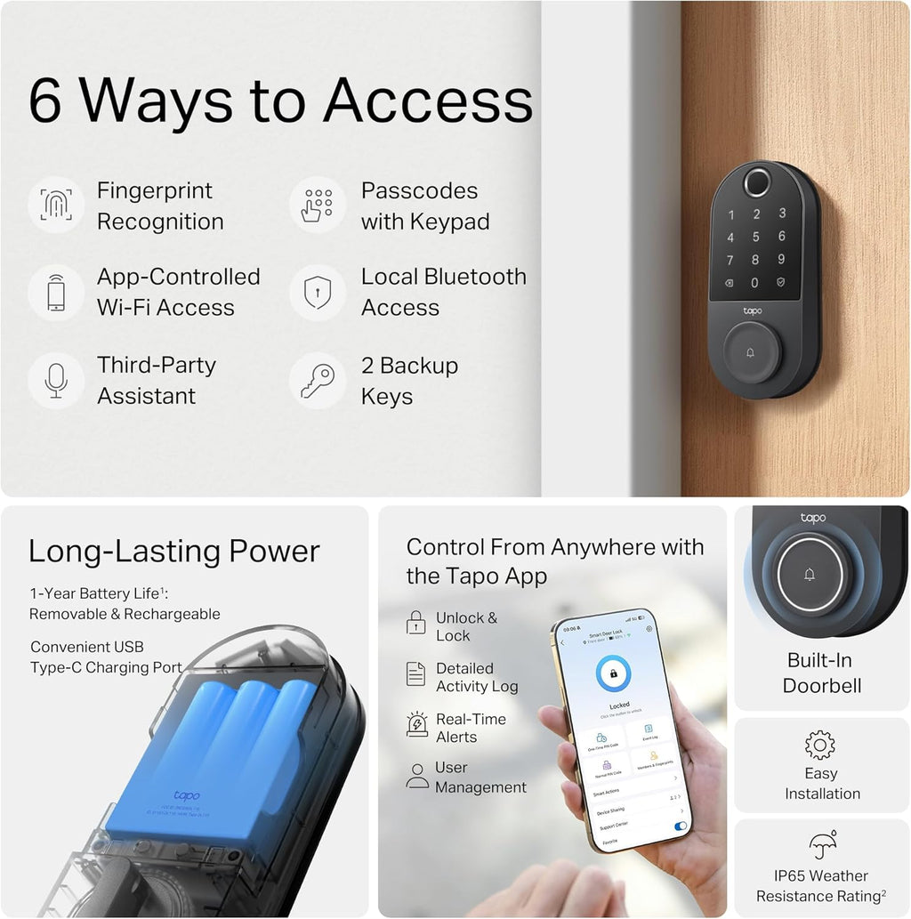 Tapo Smart Door Lock  Deadbolt | Keyless Entry  Fingerprint Recognition  Touchscreen Keypad & in-App Monitoring with Scheduled Access|1-Year Rechargeable Battery |BHMA Grade 2 | DL110