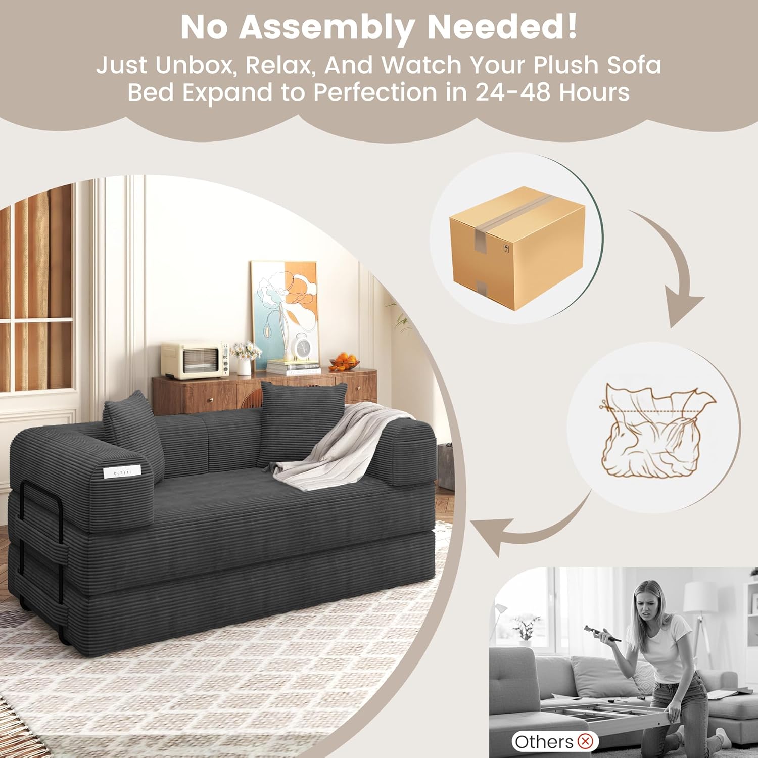 80" Convertible Sofa Bed, 5 in 1 Modular Boneless Couch Sleeper Sofa Bed with Fixed Frame & Removable Backrest Pillow, Washable Corduroy Futon Sofa Bed Couch in a Box for Small Spaces, Dark Grey