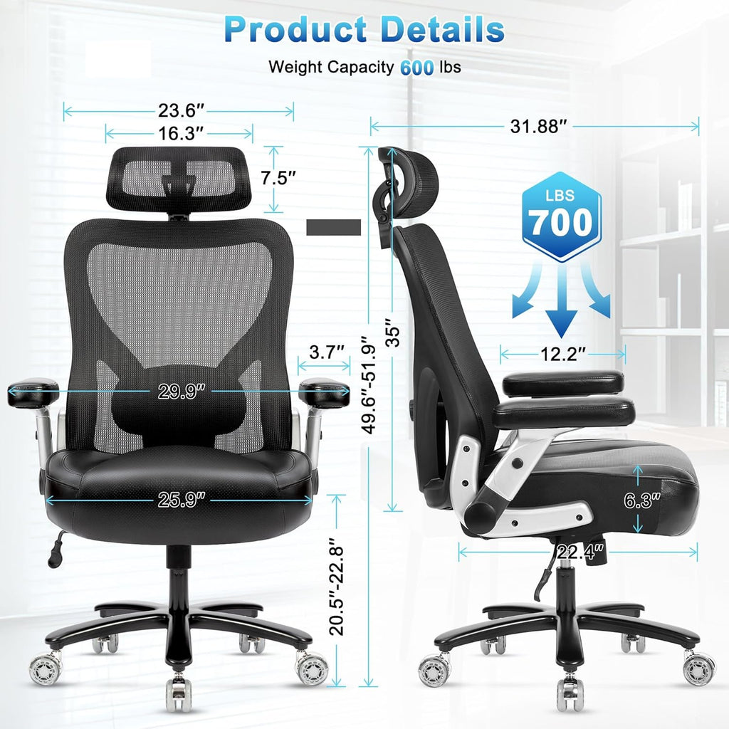 Super Big and Tall Office Chair 700lbs- Heavy Duty Executive Computer Chair with Rubber Wheels 3D Flip Arms, Ergonomic Mesh High Back Desk Chair, Extra Wide Seat Adjustable Lumbar Support & Headrest