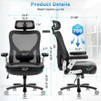 Super Big and Tall Office Chair 700lbs- Heavy Duty Executive Computer Chair with Rubber Wheels 3D Flip Arms, Ergonomic Mesh High Back Desk Chair, Extra Wide Seat Adjustable Lumbar Support & Headrest