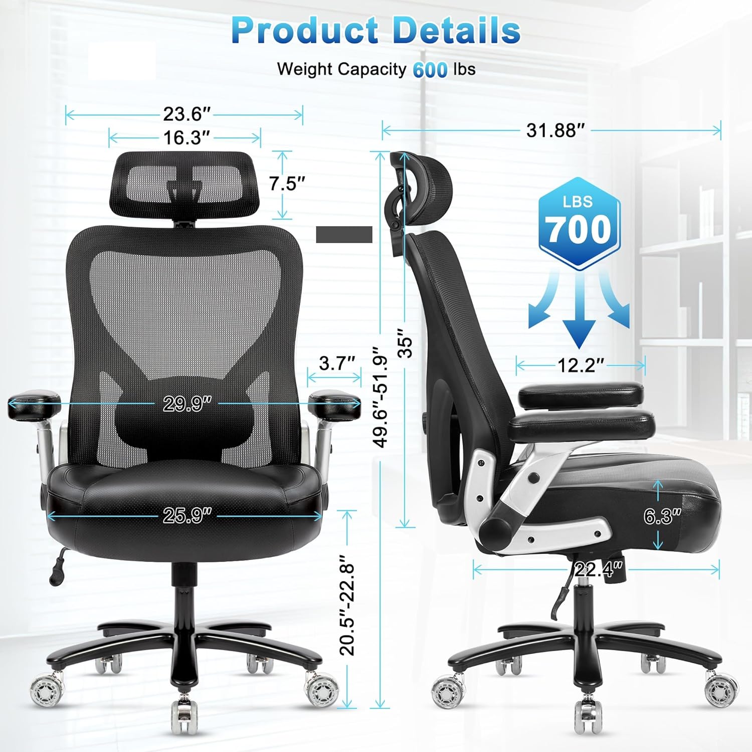 Super Big and Tall Office Chair 700lbs- Heavy Duty Executive Computer Chair with Rubber Wheels 3D Flip Arms, Ergonomic Mesh High Back Desk Chair, Extra Wide Seat Adjustable Lumbar Support & Headrest