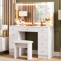 SMOOL Vanity with Mirror and Lights - Vanity Desk with Power Outlet and 9 Drawers, 3 Color Lighting Modes, Adjustable Brightness, Makeup Vanity with Soft Cushioned Stool for Bedroom, White 43Inches