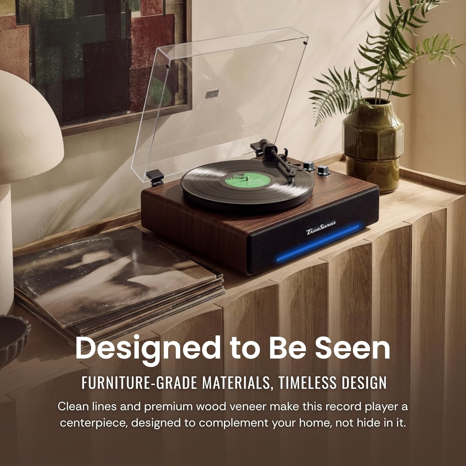 Hi-Fi Record Player with Speakers | Premium Vinyl Turntable with Bluetooth Capability | Built-in 4-Speaker Stereo System for Music Fans  Walnut Veneer + Black Trim
