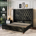 Jocisland King Size Bed Frame with 61.4" Tall Headboard, Velvet Upholstered Wingback Platform Design, Handcrafted Pleats& Deep Button Tufted, Solid Wood Legs, No Box Spring Needed, Black