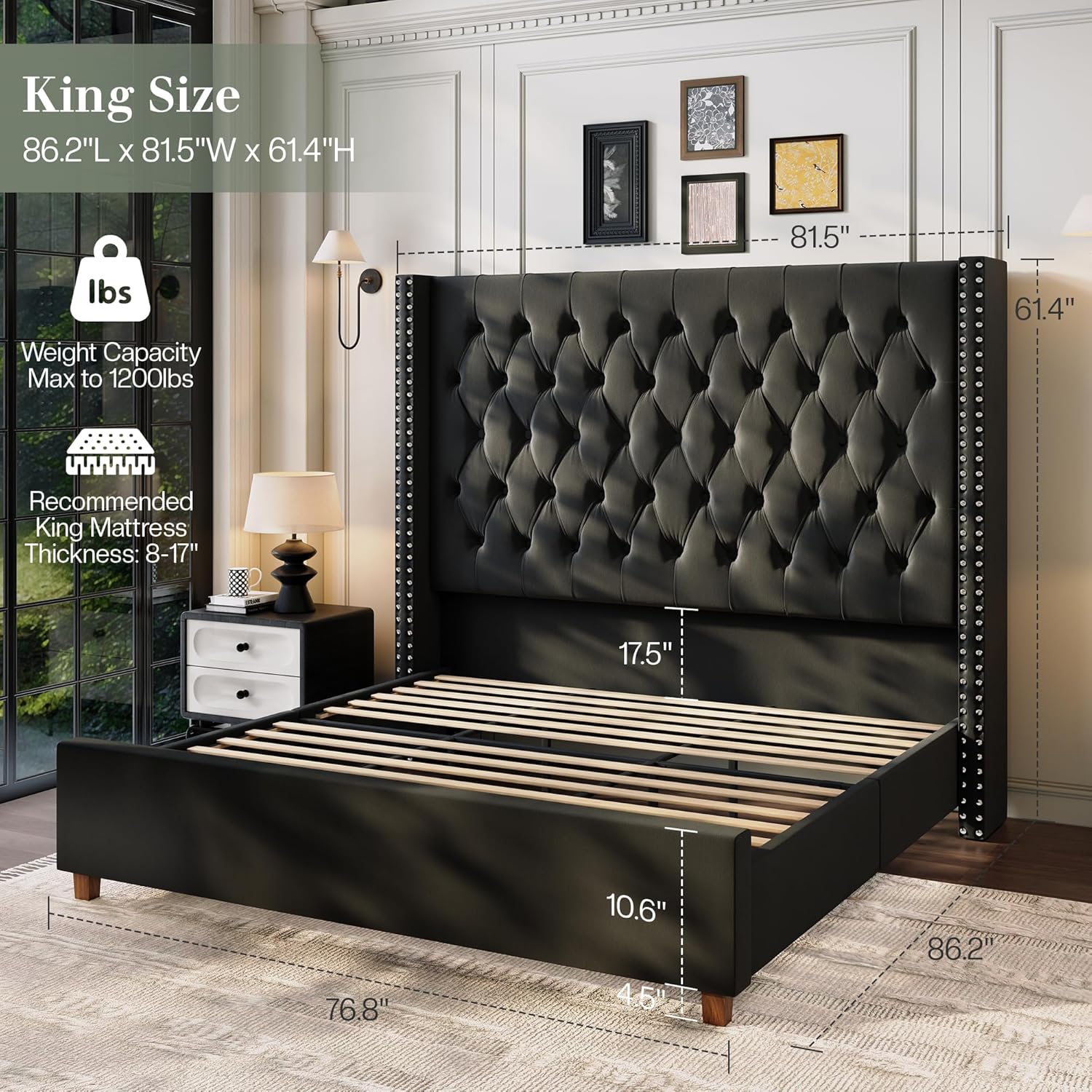 Jocisland King Size Bed Frame with 61.4" Tall Headboard, Velvet Upholstered Wingback Platform Design, Handcrafted Pleats& Deep Button Tufted, Solid Wood Legs, No Box Spring Needed, Black