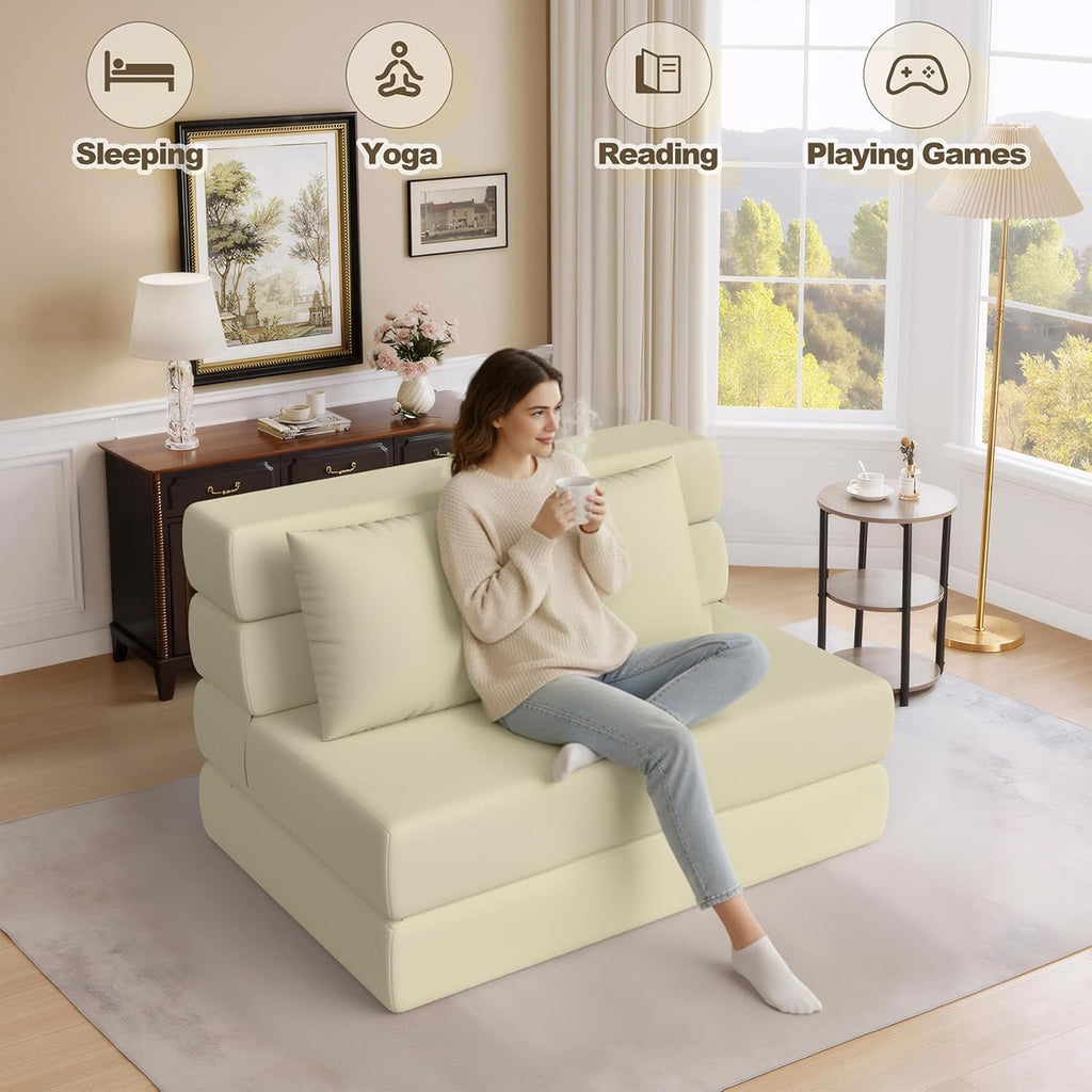 Folding Sofa Bed, Convertible Sleeper Chair & Couch Bed with Pillow, One-Piece High-Density Sponge Mattress, Multi-Purpose Floor Sofa for Living Room, Office, Dorm, Apartment, Beige, Single